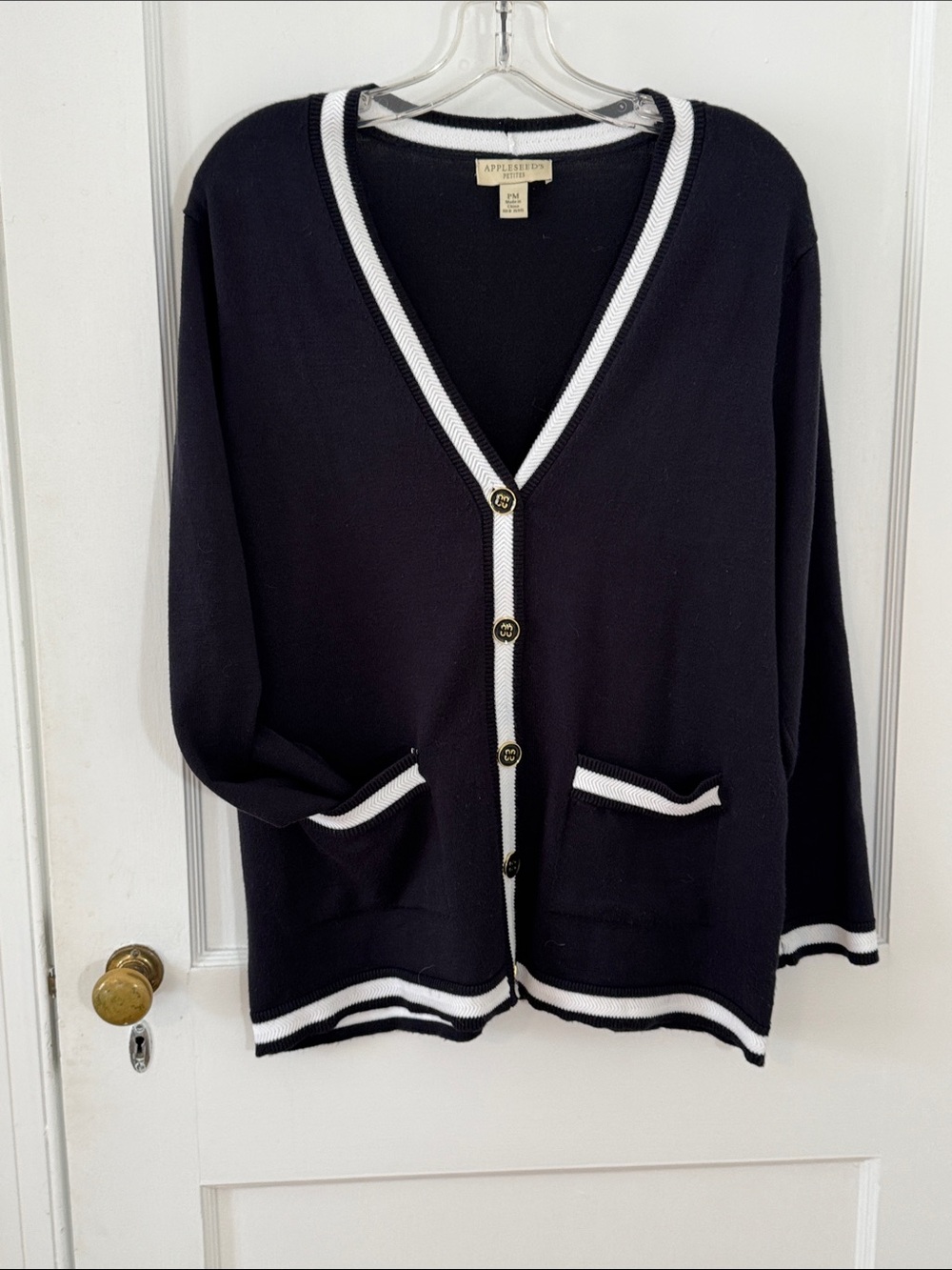 Appleseed's Black Smooth Knit Cardigan with White Trim and Gold Buttons, MP